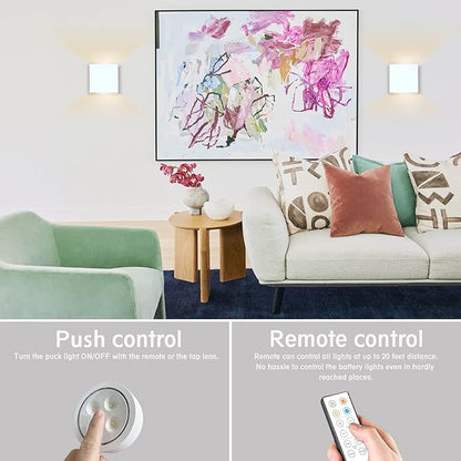 HEQIQEH Modern Cube Battery Operated Wall Sconces, White LED Cube Indoor Up and Down Wall Lamp with Remote Control, Dimmable Cordless Wall Lighting Fixtures for Living Room,Bedside (White - 2 Pack)