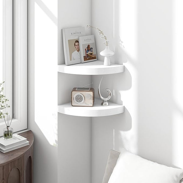 Fun Memories Floating Corner Shelves Set of 2 - Rustic Wood Wall Mounted Storage and Display Shelves for Living Room, Bedroom, Kitchen, Bathroom - Space Saving Home Decor, White