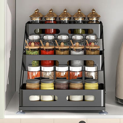 3 Tier Foldable Spice Rack for Countertop Iron Kitchen Seasoning Organizer for Cabinet, Black