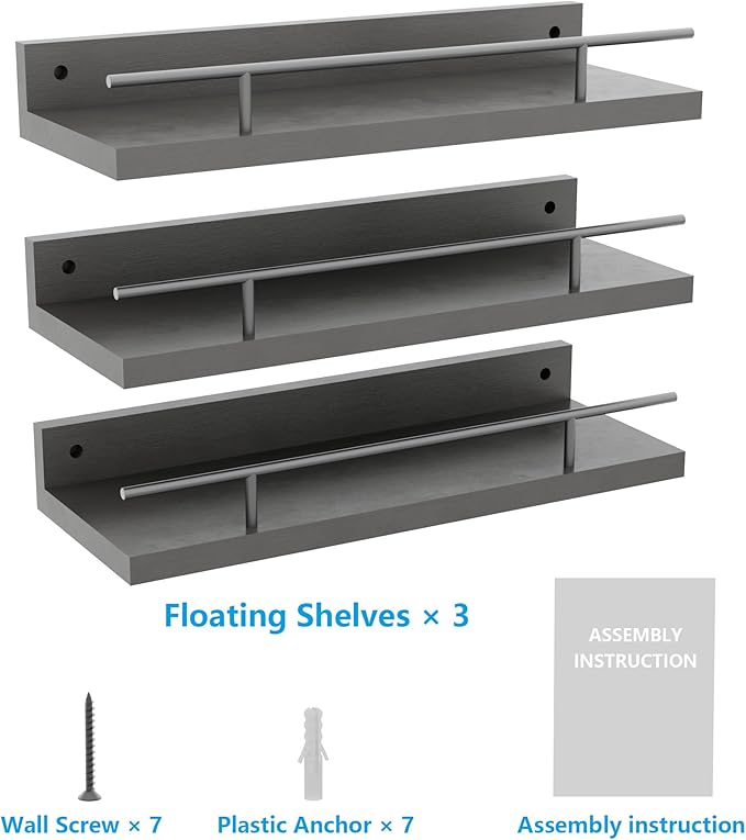 Floating Shelves with Metal Guardrail, Wall Decor Shelves for Bathroom, Living Room and Bedroom, (Black-Black) Shelves for Home Decor