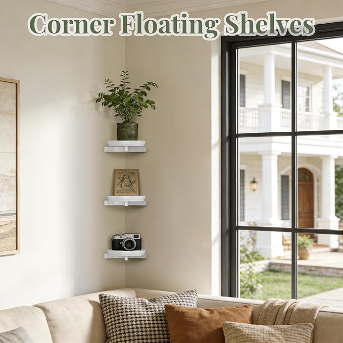 BXF Corner Wall Planters for Indoor Plants, 90 Degree Floating Shelves. Heavy Duty Mounted Holder, Minimalist Hanging Decor. Window Shelf Fits 4-7 Inch Pots (White, 3 Pack)