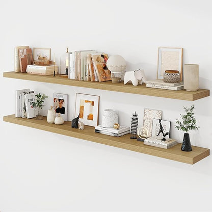 72 Inch Floating Shelves, 9.3" Deep Floating Shelf Wall Mounted, 72" Wall Shelves, Rustic Deep Bookshelf, Large Display Shelves & Storage Shelves for Bedroom, Living Room, Oak, Set of 2