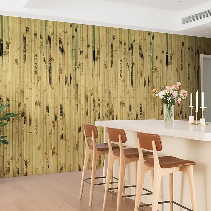 Natural Bamboo Wall Panel for Interior Wall Decor, Renewable Pole Wrap Wainscoting Paneling for Wall Ceiling Furniture Cabinet Office, 48 x 96 Inch, Light Burned