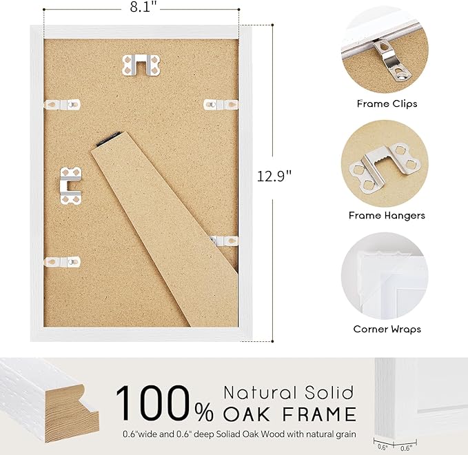 puthiac 8x12 Solid Oak Wood Picture Frame, Fits 6x8 with Mat or 8x12 Without Mat, Wall or Tabletop Display with Stand, Vertical or Horizontal, Plexi Front, 1 Pack, White