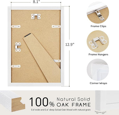 puthiac 8x12 Solid Oak Wood Picture Frame, Fits 6x8 with Mat or 8x12 Without Mat, Wall or Tabletop Display with Stand, Vertical or Horizontal, Plexi Front, 3 Pack, White