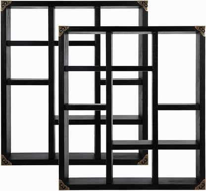 17.7x15.7-Inch Shadow Box Shelf 9-Slot Rustic Floating Shelves Larger Wall Mounted Shelf Lightweight Solid Wood Display Freestanding Farmhouse Shelf (Set of 2,9C-Classic Black)