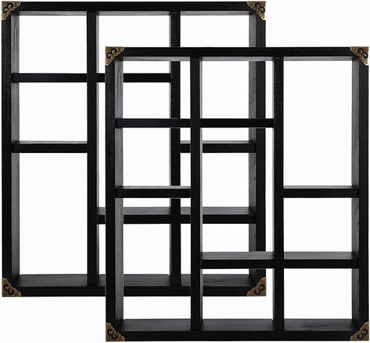17.7x15.7-Inch Shadow Box Shelf 9-Slot Rustic Floating Shelves Larger Wall Mounted Shelf Lightweight Solid Wood Display Freestanding Farmhouse Shelf (Set of 2,9C-Classic Black)
