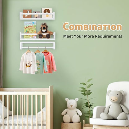 Floating Book Shelves for Wall, 16.5 inch Natural Wood Nursery Shelves for Book, Solid Pine Wooden Floating Bookshelf for Bedroom Living Room, Set of 3, White