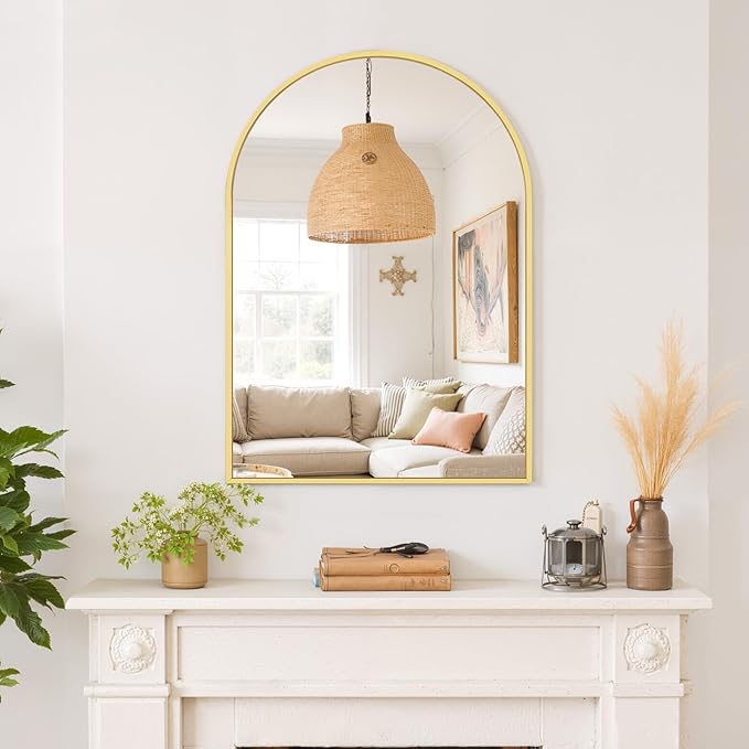 Arched Wall Mirror 30x20 Inch Gold Bathroom Vanity Mirror with Metal Frame, Modern Arch Mirror for Bedroom, Living Room, Entryway, Wall Mounted Decorative Mirror