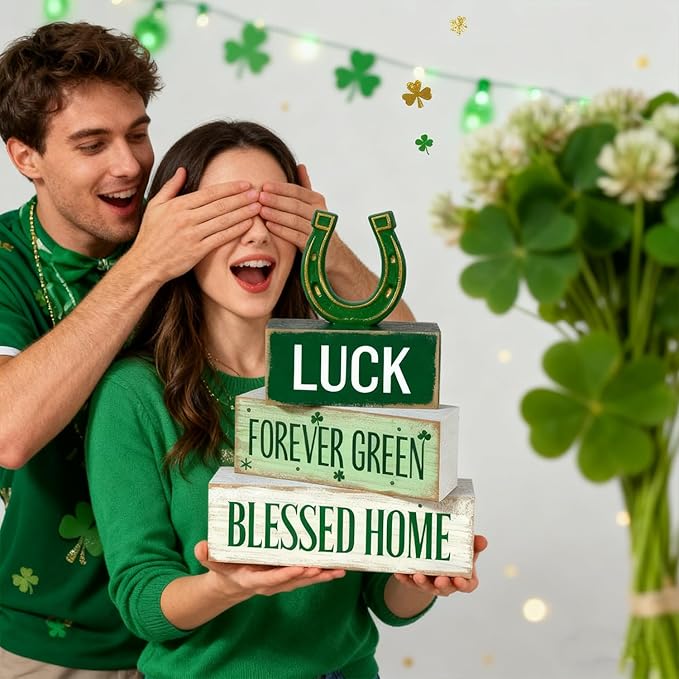 St. Patrick’s Day Decorations - St Patrick Day Lucky Horseshoe Tiered Tray Decor Set - Wooden Tabletop Decoration - Rustic Farmhouse Holiday Home Decor for Indoor Shelf Mantel Coffee Table Gift