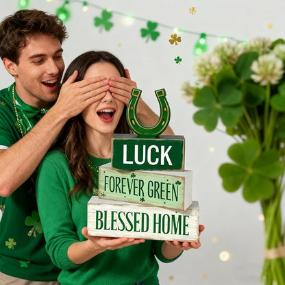 St. Patrick’s Day Decorations - St Patrick Day Lucky Horseshoe Tiered Tray Decor Set - Wooden Tabletop Decoration - Rustic Farmhouse Holiday Home Decor for Indoor Shelf Mantel Coffee Table Gift