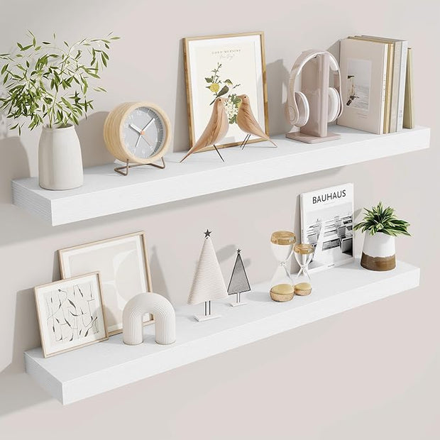 Fun Memories 40 Inch Floating Shelves, Long Wood Wall Shelf Set of 2 with Invisible Brackets, for Bathroom, Living Room, Bedroom, Kitchen, White