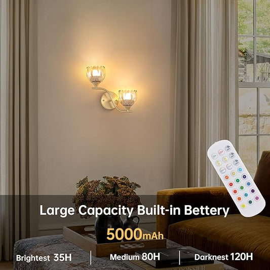 Battery Operated Wall Sconce, 2-Lights Vinatge Brass Wall Lighting with Amber Tluip Shade Rechargeable Bulb with Remote for Living Room, Bedroom
