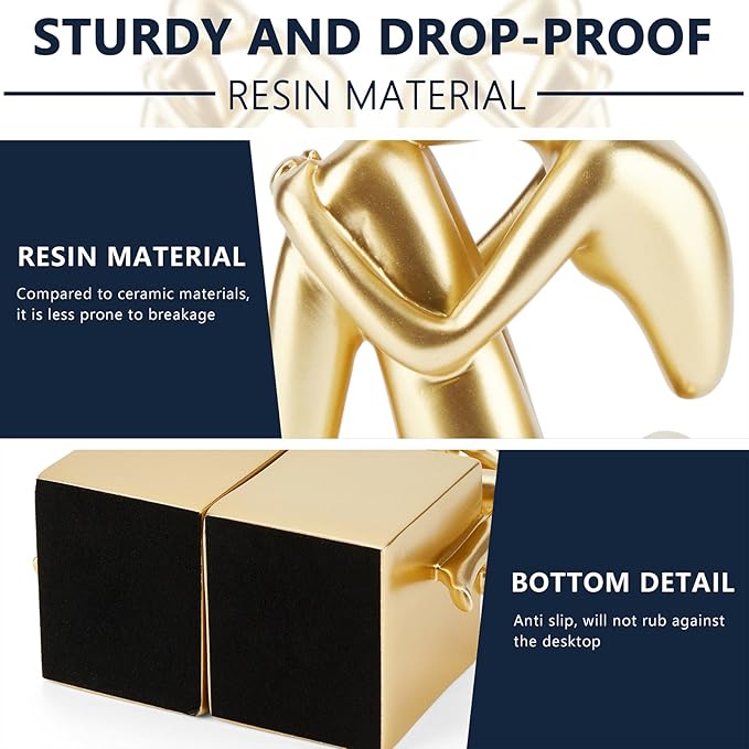 Book Ends, Gold Girl Thinker Design, Non-Skid Heavy Duty Resin Book Stopper for Books, Bookends with Base, Modern Bookends for Shelves, Resin, 1Pair/2Piece