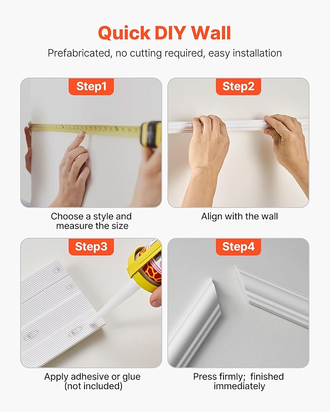 VEVOR Wall Molding 3 Pack, Wainscoting Panels Kit, Lightweight Paintable Polystyrene, Easy to Install, Waterproof Accent Wall Trim for Interior Décor Living Room, Bedroom, White (24x54 + 24x24 in)