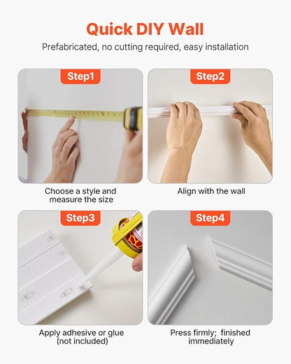 VEVOR Wall Molding 3 Pack, Wainscoting Panels Kit, Lightweight Paintable Polystyrene, Easy to Install, Waterproof Accent Wall Trim for Interior Décor Living Room, Bedroom, White (24x54 + 24x24 in)