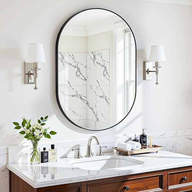 Antok Wall Mirror, 24"x36" Bathroom Vanity Mirror, Anti-Rust HD Tempered Glass, Wall Mounted Mirrors for Living Room, Entryway, Black Frame, Oval