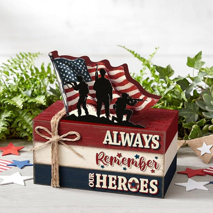 Geelin 4 Pcs Memorial Day Wooden Book Stack Decorations, Patriotic Tabletop Book Sign with Soldiers and American Flag, Rustic Red White Blue Tiered Tray Decor for Home Office Veterans Day