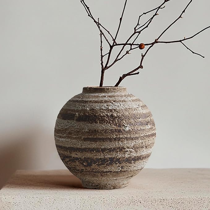 Ceramic Farmhouse Vase Rustic Decor,Pottery Decorative Flower Vases for Home Decor,Boho Vase for Table, Living Room,Bathroom,Shelf,Mantel Decoration,5.5 inch