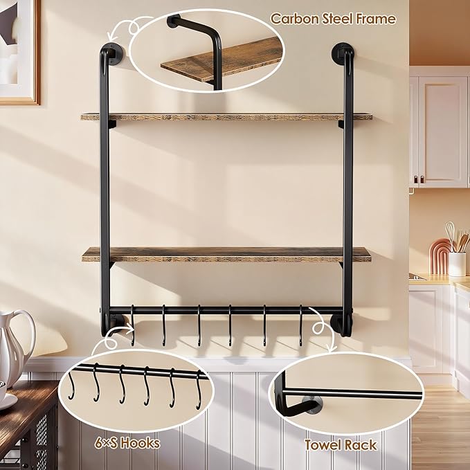 2 Tier Industrial Pipe Shelving, 24" Kitchen Shelves Wall Mounted with 6 Hooks, Coffee Bar Shelves Display Bookshelf Wall Shelf for Bedroom, Bathroom, Home Décor, Rustic Brown