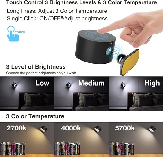 LED Reading Lights, Wall Mounted Sconces with 3 Color Temperatures & 3 Brightness Levels, Rechargeable Battery Operated Touch Control 360° Magnetic Ball for Study Bedside Bedroom