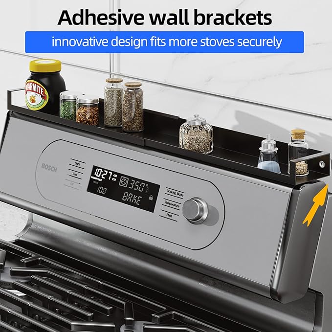4X Strong Magnetic Stove Top Shelf, Adjustable 15-30 Inches, Fits Various Stove Lengths, Kitchen Organizer, Holds Spices, Condiments and BBQ Sauces (Matte Black)