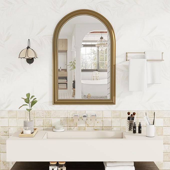 Axeman 22x30 Arched Wall Mirror, Decorative Bathroom Mirror, Traditional Vintage Wall Mounted Mirror with Beaded Frame for Accent Living Room Vanity Bedroom Entryway, Gold
