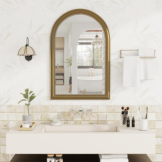 Axeman 22x30 Arched Wall Mirror, Decorative Bathroom Mirror, Traditional Vintage Wall Mounted Mirror with Beaded Frame for Accent Living Room Vanity Bedroom Entryway, Gold