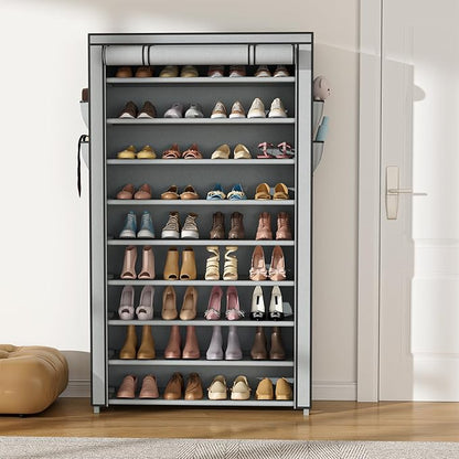 Shoe Rack with Cover Narrow Shoe Organizer with Pockets 10 Tier Tall Shoe Storage Holds 36-41 Pairs Shoes and Boots Shoe Rack for Closet Entryway Garage, Grey
