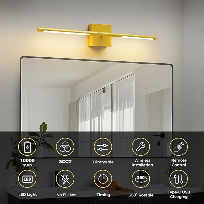 L LOHAS LED Battery Operated Wall Sconces Set of 2, Battery Wall Sconce 10000mAh, Gold Rechargeable Sconces 3CCT, 23.7 Inch Wireless Wall Lights, Sconce Wall Decor for Bedroom, Living Room