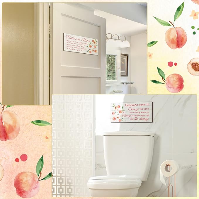 Jetec 2 Pieces Funny Bathroom Signs Bathroom Wall Decor Toilet Wall Accessories Farmhouse Toilet Rustic Wooden Signs, 12x6 Inch(Peach Style)