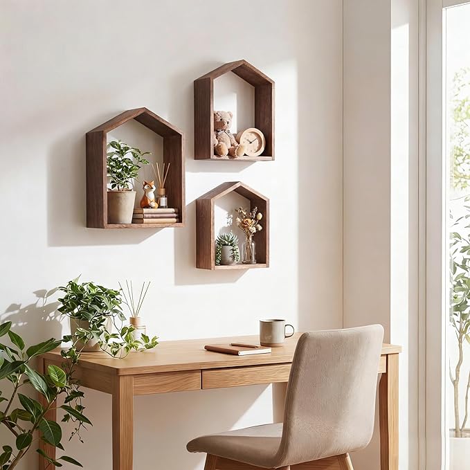 3 Set Wall Shelf 9.8 x 7.1 Inch Wooden Hanging Shelf Deep Display Storage Shelves Floating Shelves for Home Office Room Mini Figures Potted Plants Wall Decor(House,Brown)