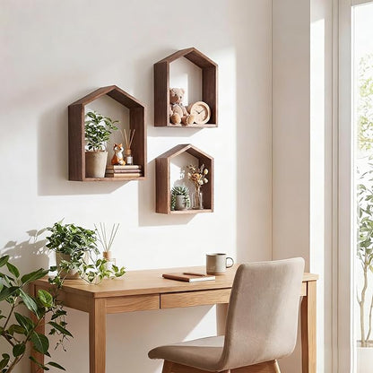 3 Set Wall Shelf 9.8 x 7.1 Inch Wooden Hanging Shelf Deep Display Storage Shelves Floating Shelves for Home Office Room Mini Figures Potted Plants Wall Decor(House,Brown)