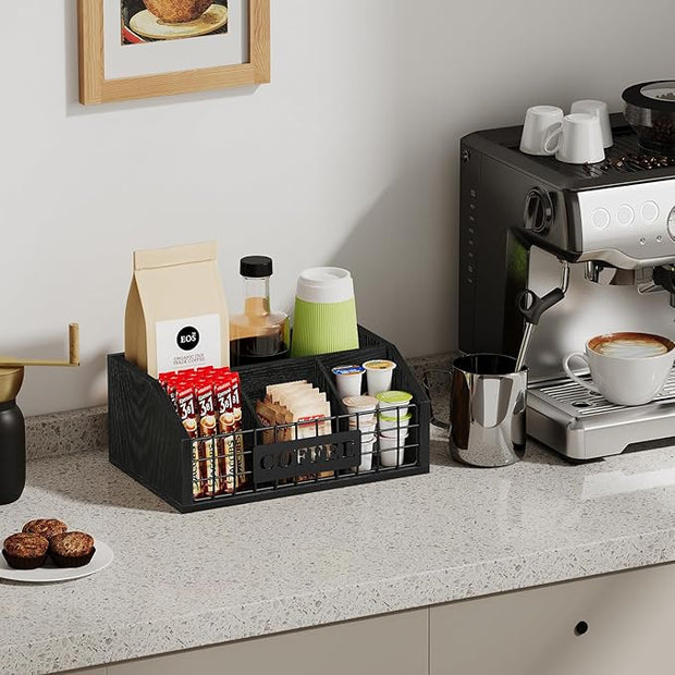 YINMIT Coffee Station Organizer for Countertop, Wood Coffee Bar Organizer with Removable Dividers for Pods, Syrup, Cups, Stirrer, Tea - Office Bar Accessories, Iron Wire-Black