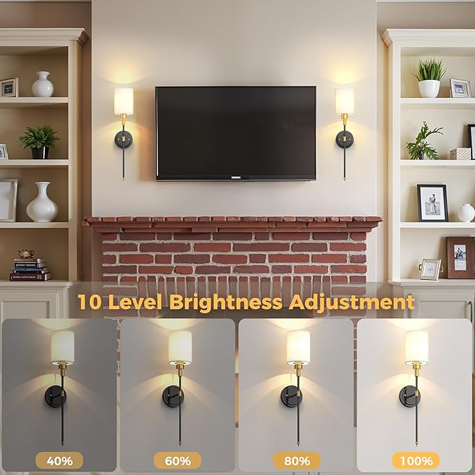 DORESshop Battery Operated Wall Sconce Set of 2, Wireless Wall Light Easy to Install, 7 Color Rechargeable Wall Sconces, Sconce Wall Decor Set of 2 for Bedroom, Living Room, Gold and Black, 24.3in