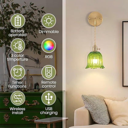 Battery Operated Wall Sconce with Remote, Rechargeable Dimmable Wall Sconces Set of 2, Adjustable Chain Wireless Indoor 12 Colors RGB Wall Lamp for Living Room Bedroom