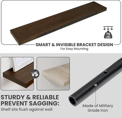 Marsmiles Solid Wood Floating Shelves for Wall, 48”W x 9”D x 1.56”H Large Wall Shelves for Living Room Bedroom Bathroom Kitchen Drcor Storage with Invisible Heavy-Duty Metal Bracket, Walnut, Set of 1