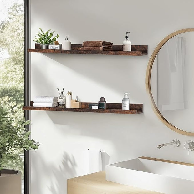 Muzilife 55" Large Floating Wall Ledge Shelves with Lip - Set of 2 Rustic Wood Floating Shelves - Honey Brown Wall Mounted Picture Ledge for Office, Bathroom, Bedroom, Living Room, Kitchen
