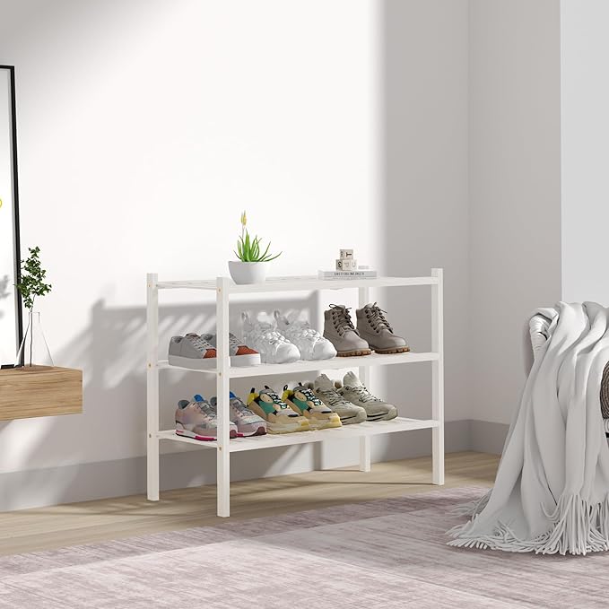 3 Tier Bamboo Shoe Rack for Closet Free Standing Wood Shoe Shelf Storage Organizer for Entryway Small Space Stackable 27