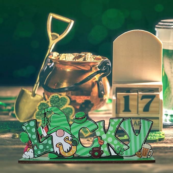 St Patricks Day Decor for Table Irish Lucky Decoration Leprechaun Wooden Centerpieces Rustic Farmhouse Sign for Tabletop Home Shelf Office St Patricks Day Party Decoration Green