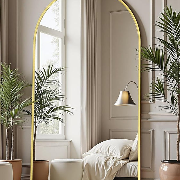 Full Length Mirror with Stand, 76"x44" Arched Full Body Mirror, Large Stand Up Mirrors, Aluminum Frame Floor Standing Mirrors, Freestanding Hanging Leaning Mounted for Bedroom Living Room, Gold
