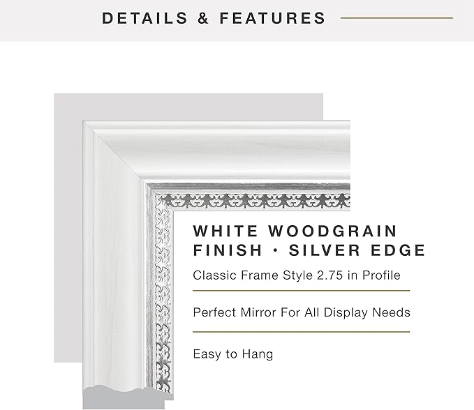 MCS 22x28 Large Wall Mirror, White Woodgrained Frame with Silver Embossed Detail & Beveled Detail Mirror, Vertical & Horizontal Wall Hanging Mirror for Bathroom, Bedroom & Livingroom