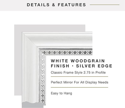 MCS 22x28 Large Wall Mirror, White Woodgrained Frame with Silver Embossed Detail & Beveled Detail Mirror, Vertical & Horizontal Wall Hanging Mirror for Bathroom, Bedroom & Livingroom