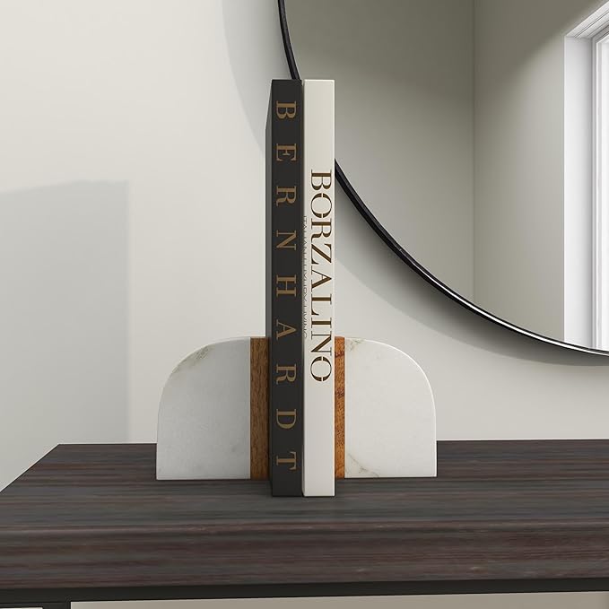 Deco 79 Marble Decorative Bookends 5 lbs Non Skid Bookends with Wood Details, Set of 2 Office Bookends4