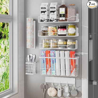 Magnetic Spice Rack for Refrigerator, 7 Pack Magnetic Fridge Shelf for Kitchen Organization Storage, Moveable Spice Organizer W/Paper Towel Holder, Utensil Caddy, Cutting Board Rack (White)