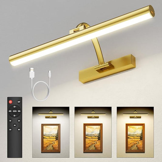 Picture Lights for Wall, 16.5" Rechargeable Art Light with Remote & Timer, 5200mAh Battery Operated Poster Lights, 3 Color Modes & 3 Brightness Levels for Pictures, Gallery, Frame (1 Pack)