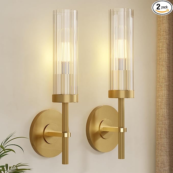 Wall Sconces Set of 2 (with 2 Bulbs), Modern Bathroom Wall Sconces Lighting with Thickened Glass, Hardwired Wall Mount Light Fixtures for Bathroom, Bedroom, Hallway, Living Room(Gold)