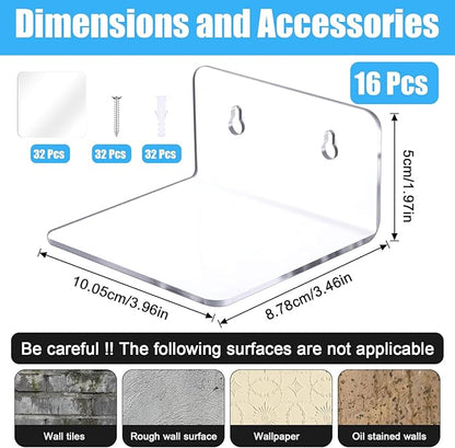 16 Pack Acrylic Small Shelf, Mini Floating Wall Shelf, Wall-Mounted Storage Shelves, for Pop Figures,Plant, Picture Photo Modern Wall for Office Bedroom Living Room, Clear