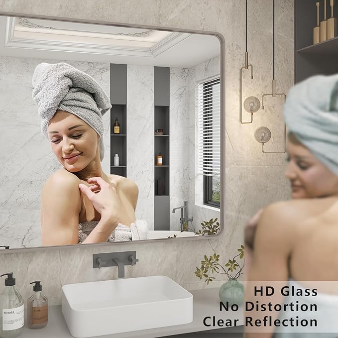 48x30 Silver Brushed Bathroom Mirror for Wall, Brushed Silver Metal Framed Bathroom Vanity Mirror, Rounded Rectangle Mirror, Shatterproof, Anti-Rust (Horizontal/Vertical)