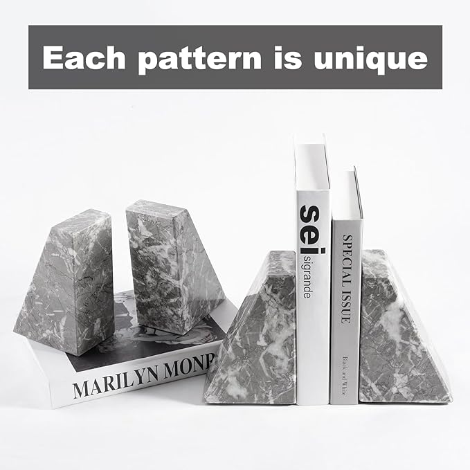 Marble Bookends for Heavy Books, Decorative Bookends for Shelves, Durable and Heavy-Duty Book End for Hardback Book & CDS, Unique Book Stopper & Holder, Gris Lido, Set of 2